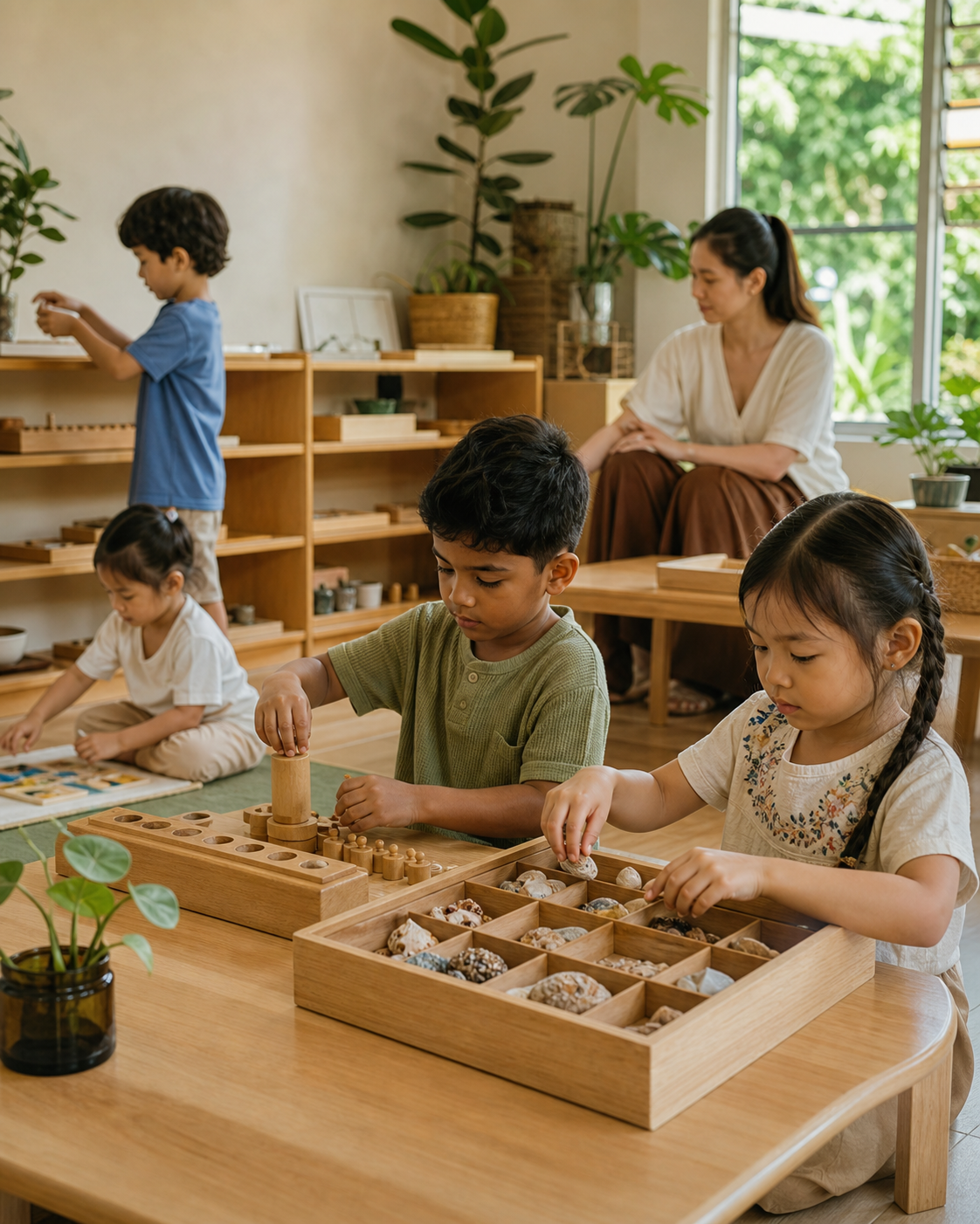 Children exploring Montessori materials in a calm Malaysian classroom